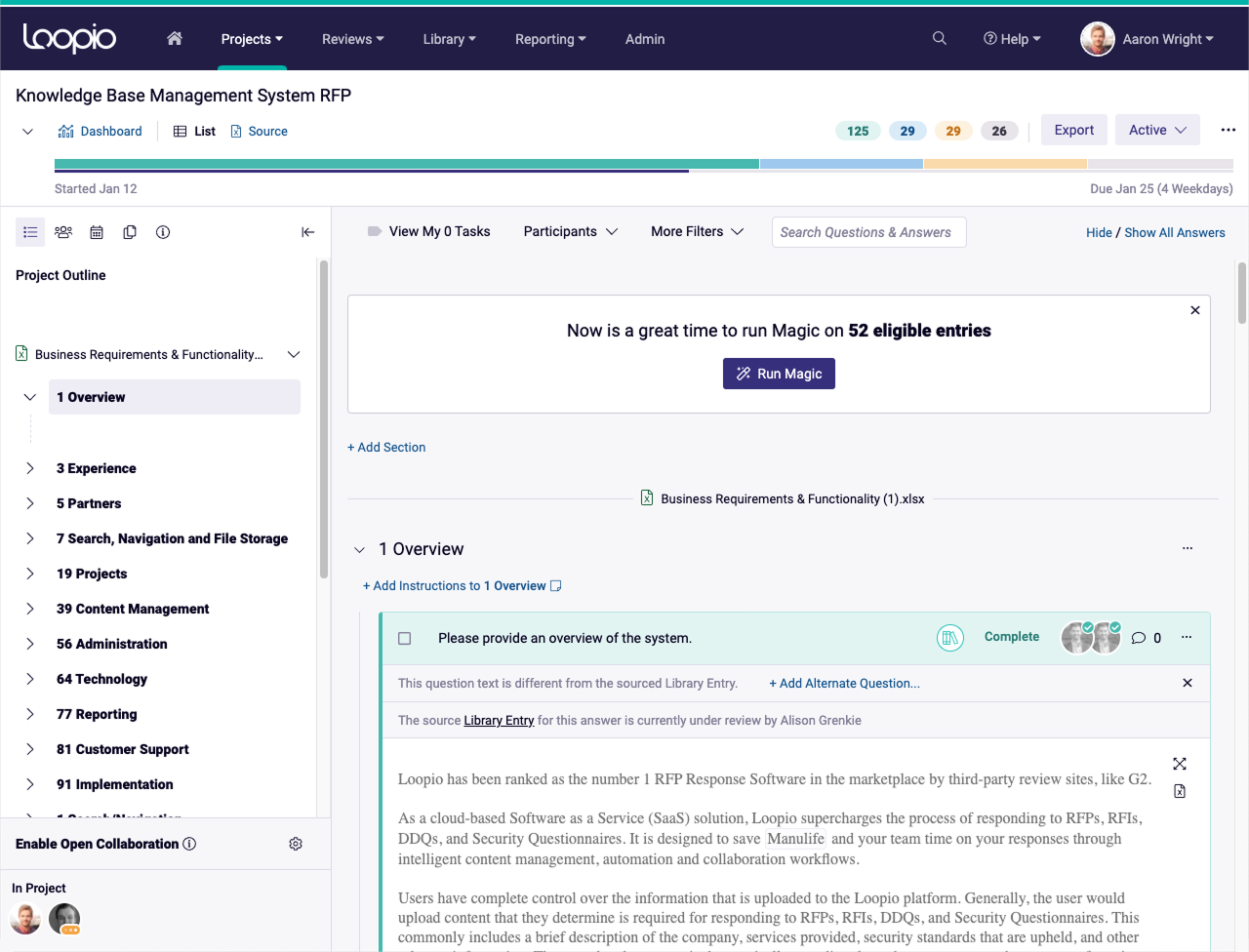 Loopio project redesign with bulk assignment controls